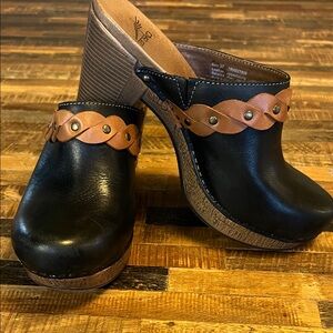 Dansko Ranch Black Leather Clog Mules with Brown Braided Strap